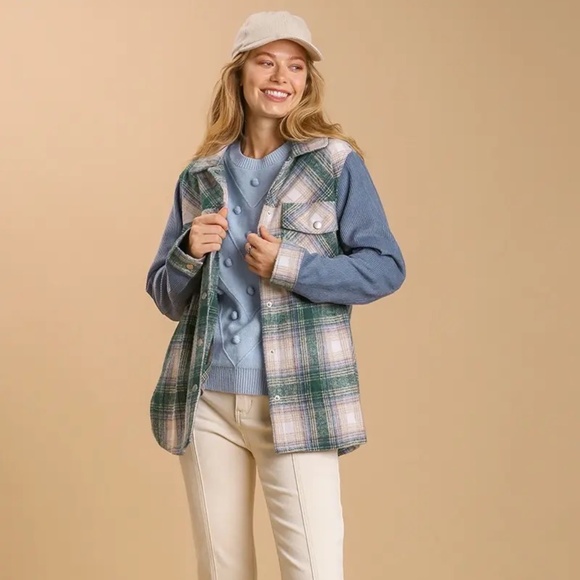 New UMGEE Plaid Flannel Fringe Shacket Magenta Green Snap Up Corduroy Sleeves - Picture 1 of 10